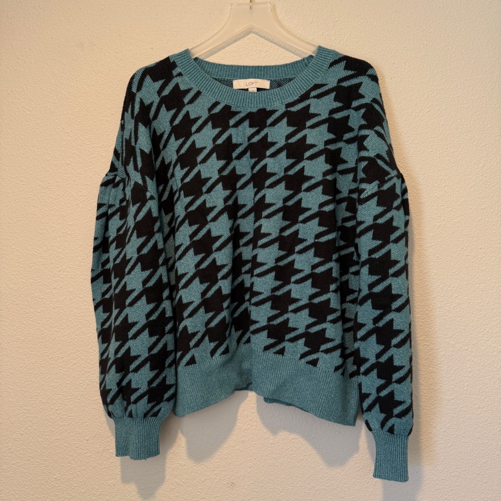 LOFT Womens Houndstooth Puff Sleeve Sweater Teal Black Crew Neck XL Relaxed Fit